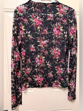Mintreus Black Lace Long Sleeved Top with Pink Floral Print High Neck Size XL